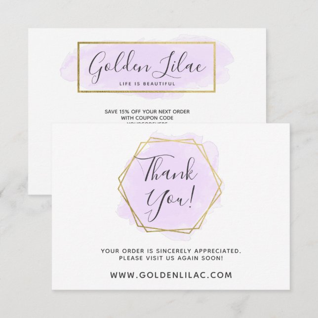 Thank You Purple Watercolor & Modern Gold Card (Front/Back)