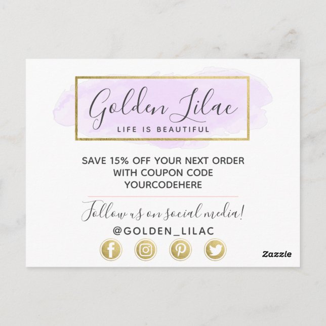 Thank You Purple Watercolor & Modern Gold Geo Postcard (Back)