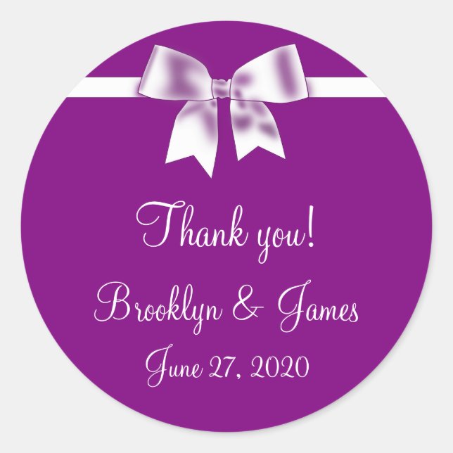 Thank You Purple Wedding Favour Stickers With Bow (Front)