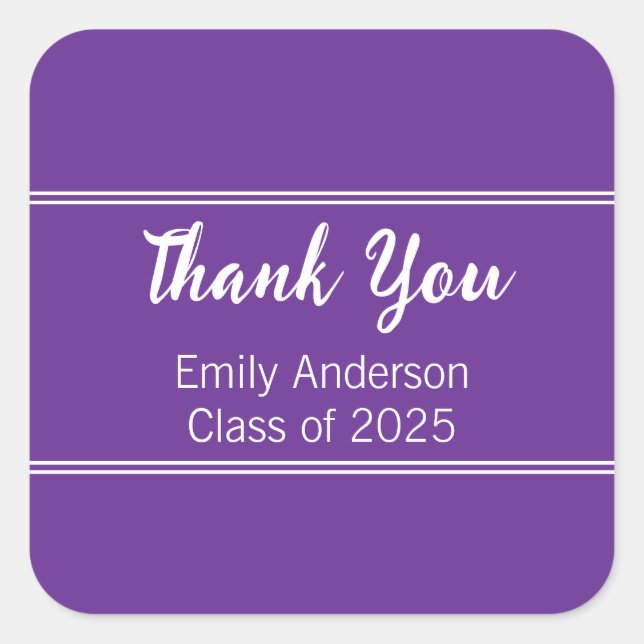 Thank You Purple White Class of 2025 Graduation Square Sticker (Front)