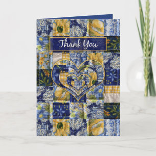 Thank You, Quilt Square, Yellow Blue, Floral Print Card