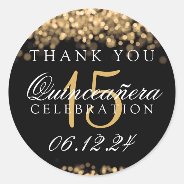 Thank You Quinceanera Birthday Party Gold Lights Classic Round Sticker (Front)