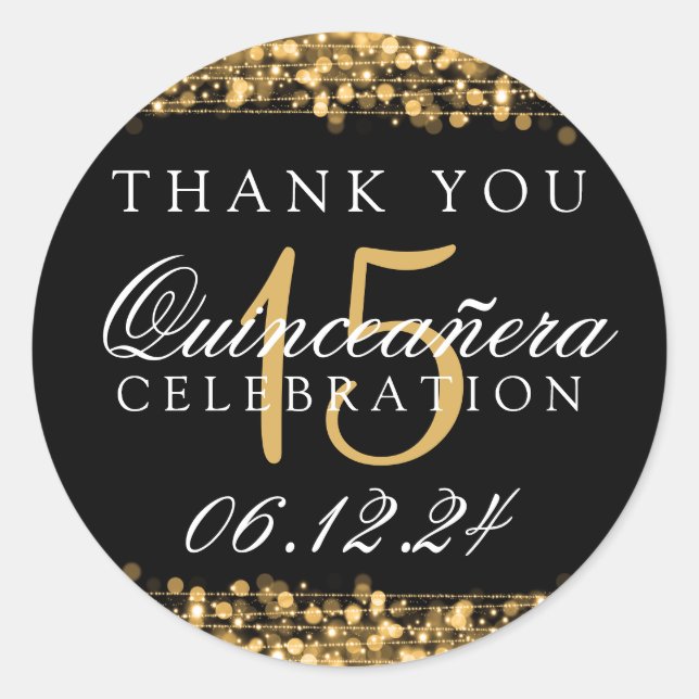 Thank You Quinceanera Birthday Party Sparkles Gold Classic Round Sticker (Front)