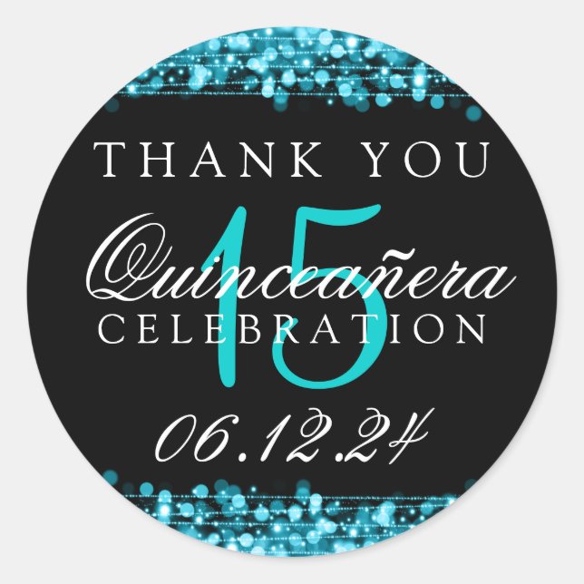 Thank You Quinceanera Birthday Party Sparkles Turq Classic Round Sticker (Front)
