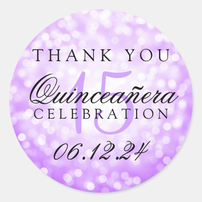 Thank You Quinceanera Birthday Purple Bokeh Lights Classic Round Sticker (Front)