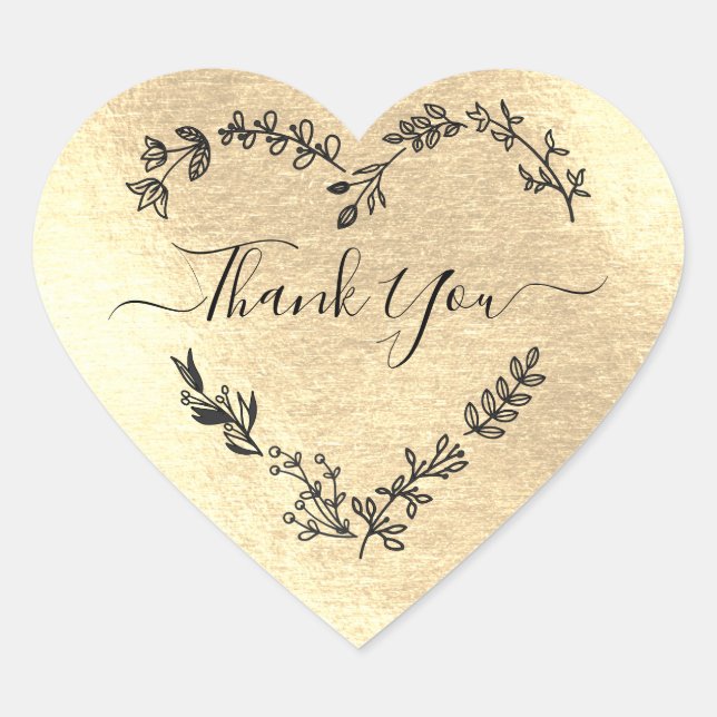 Thank You Quote on Faux Gold Metal Effect Heart Sticker (Front)