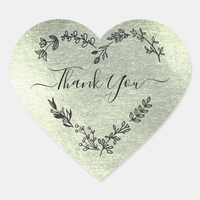 Thank You Quote on Faux Green Metal Effect Heart Sticker (Front)