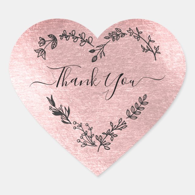 Thank You Quote on Faux Pink Metal Effect Heart Sticker (Front)