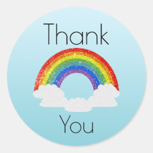 Thank You Rainbow Glitter on Blue Gradient Classic Round Sticker