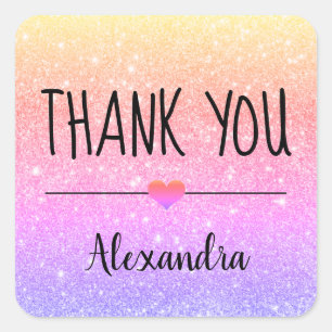 Thank you rainbow glitter personalised   square sticker