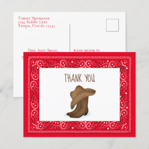 Thank You Red Bandanna Cowboy Cute Hat and Boots Postcard