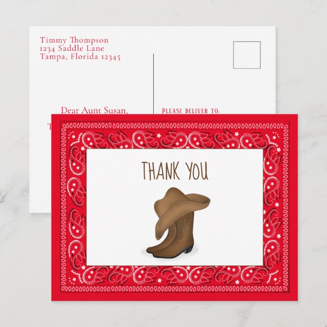 Thank You Red Bandanna Cowboy Cute Hat and Boots Postcard (Front/Back)