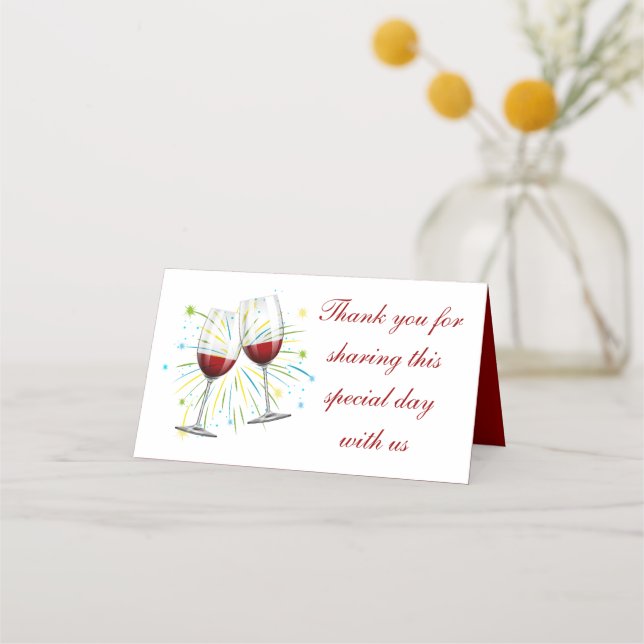 Thank You  Red Burgundy Wine Glasses Wedding Place Card (Front)