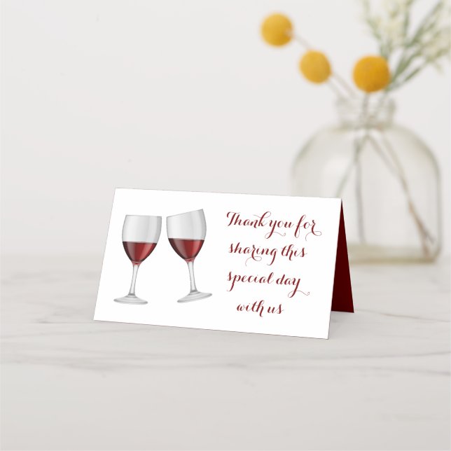 Thank You  Red Burgundy Wine Glasses Wedding Place Card (Front)