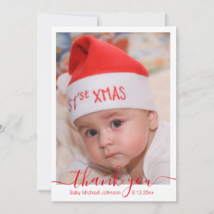 thank you,red chic handwriting baby boy photo  card