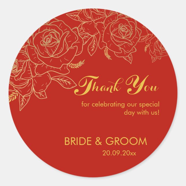 Thank You Red & Gold Wedding Classic Round Sticker (Front)