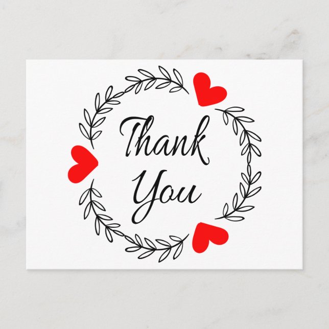 Thank You Red Heart Black Laurel Leaf Wreath Postcard (Front)