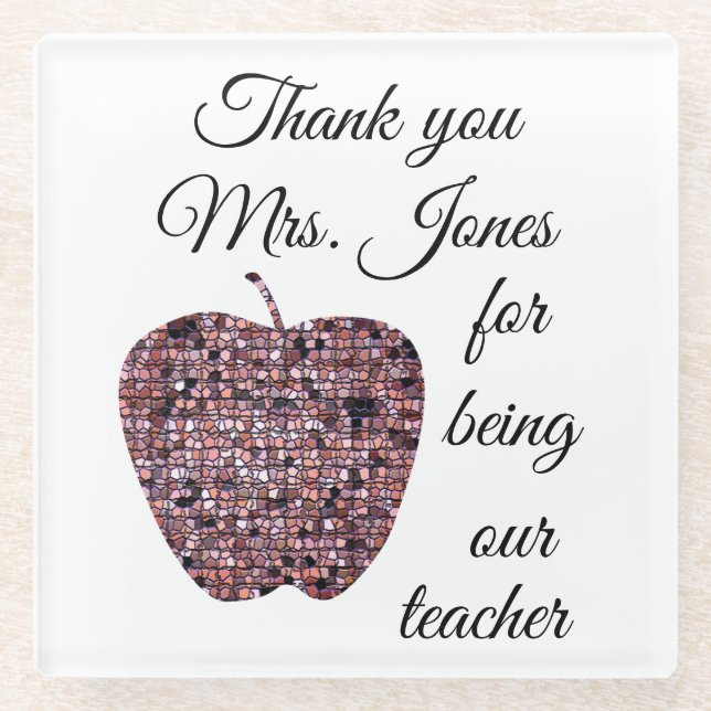 Thank You Red Mosaic Apple Teacher Appreciation Glass Coaster (Front)