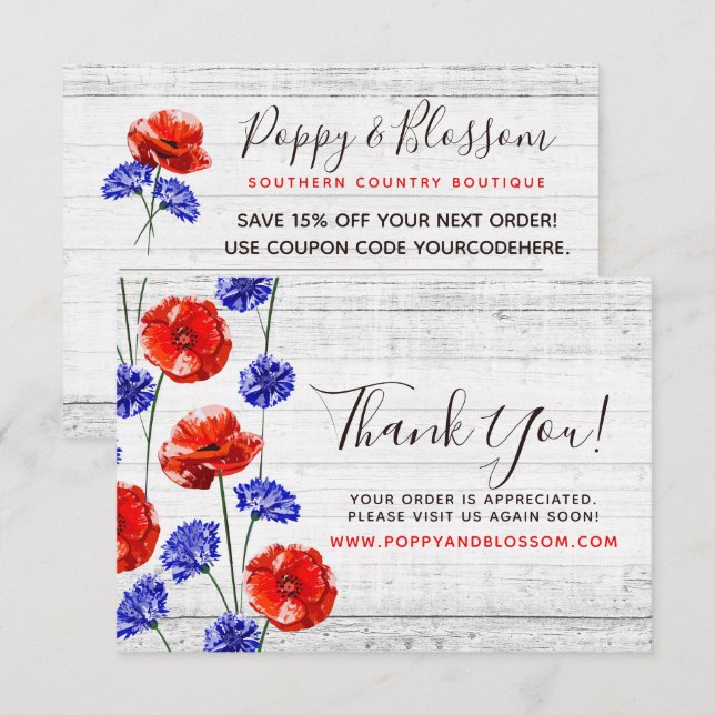 Thank You Red Poppy & Cornflower Rustic Wood Card (Front/Back)
