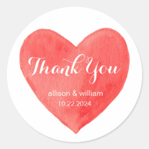 Thank You Red Watercolor Heart Personalised Name Classic Round Sticker