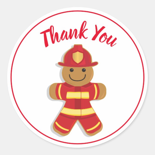 Thank You Red White Firefighter Gingerbread Man Classic Round Sticker (Front)