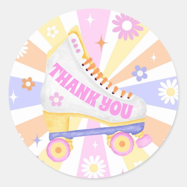 Thank You Retro Roller Skate Birthday Party Classic Round Sticker (Front)