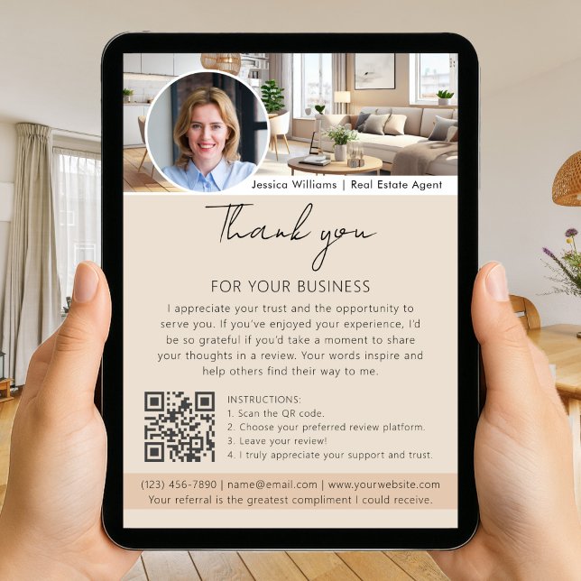 Thank You Review Request with QR Code Photo Beige Card (Creator Uploaded)