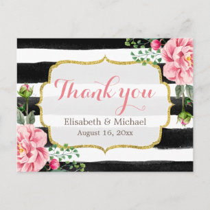 Thank You - Romantic Watercolor Floral Stripes Postcard