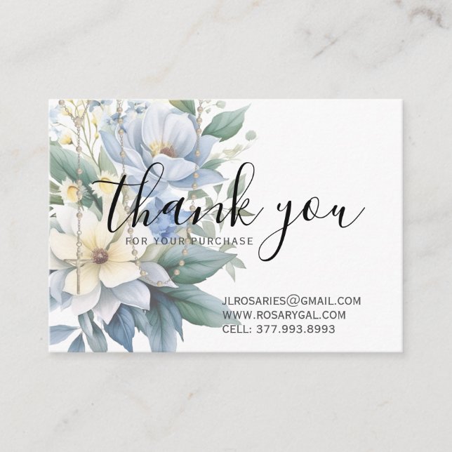 Thank You Rosary Religious Blue Floral Business Card (Front)