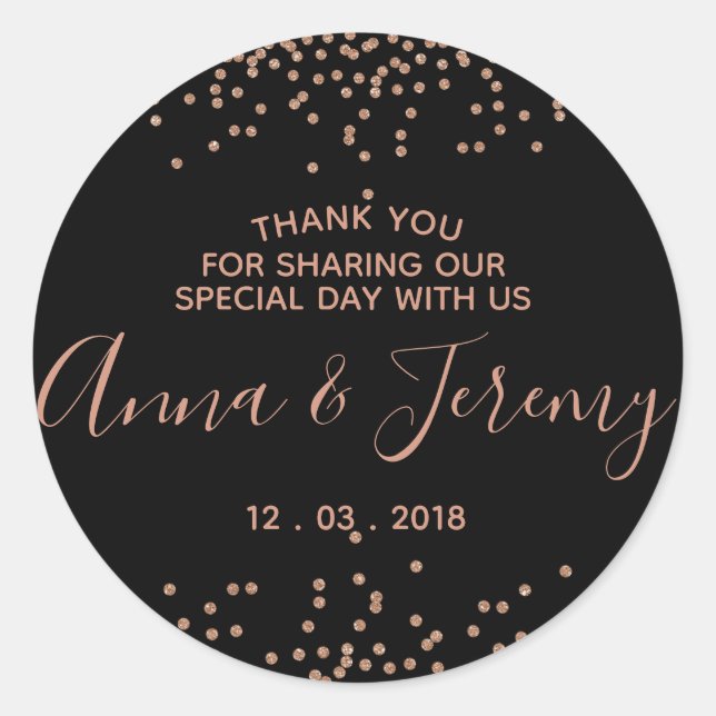 Thank you Rose Gold and Black Confetti Sticker (Front)