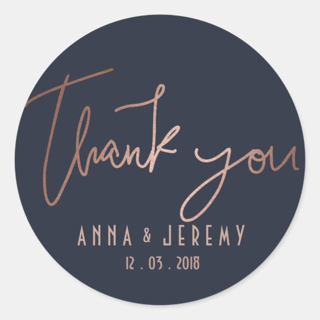 Thank you Rose Gold and Navy Blue Wedding Sticker (Front)