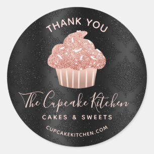 Thank You Rose Gold Cupcake Bakery Black Damask Classic Round Sticker
