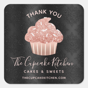 Thank You Rose Gold Cupcake Black Damask Bakery Square Sticker