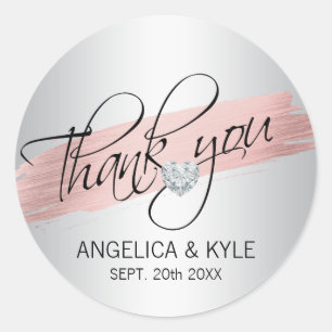 Thank you Rose Gold Diamond Heart Wedding Bridal Classic Round Sticker