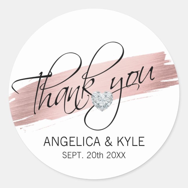 Thank you Rose Gold Diamond Heart Wedding Bridal Classic Round Sticker (Front)