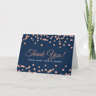 "Thank you" Rose Gold Faux Glitter Confetti Navy Thank You Card