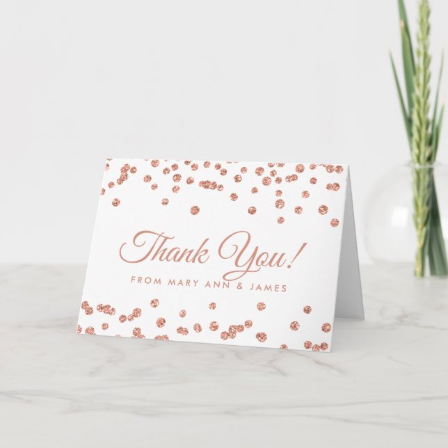 "Thank you" Rose Gold Faux Glitter Confetti White Thank You Card (Front)