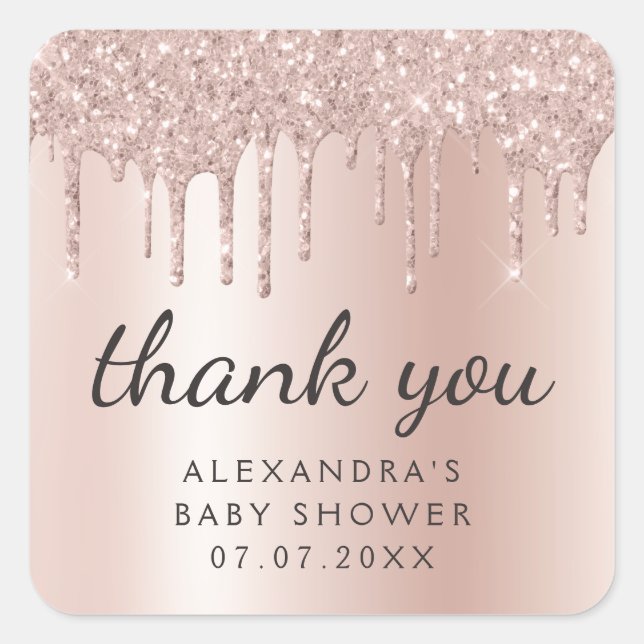 Thank You Rose Gold Glitter Girly Baby Shower Square Sticker (Front)