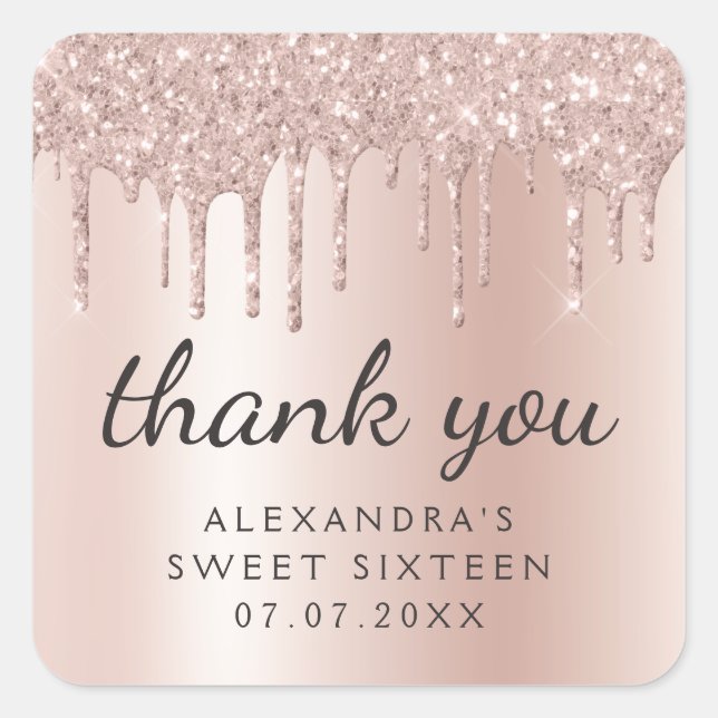 Thank You Rose Gold Glitter Girly Sweet 16 Square Sticker (Front)