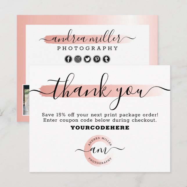 Thank You Rose Gold Minimalist Marketing Photo Postcard (Front/Back)