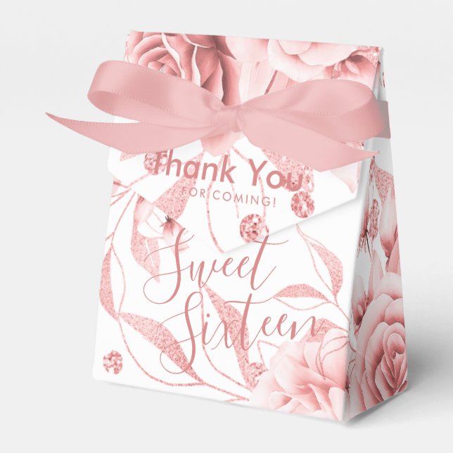 Thank You Rose Gold Sweet 16 Glitter Floral Favour Box (Front Side)