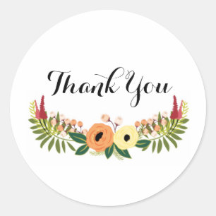 Thank You Round Sticker - Floral Wreath Design