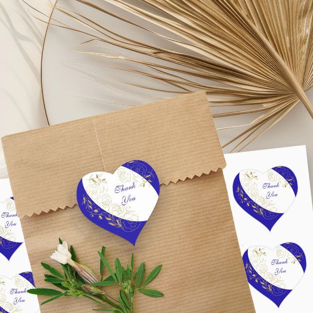 Thank You Royal Blue and Gold Floral Line Art Heart Sticker (Thank You stickers from my Elegant Gold Flowers Quinceanera Collection)