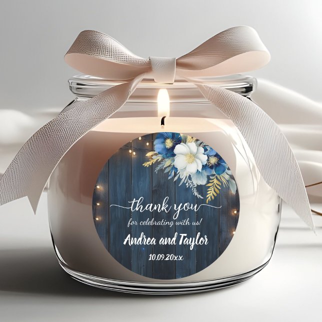 Thank You Rustic Blue Wood White Floral Wedding Classic Round Sticker (Creator Uploaded)