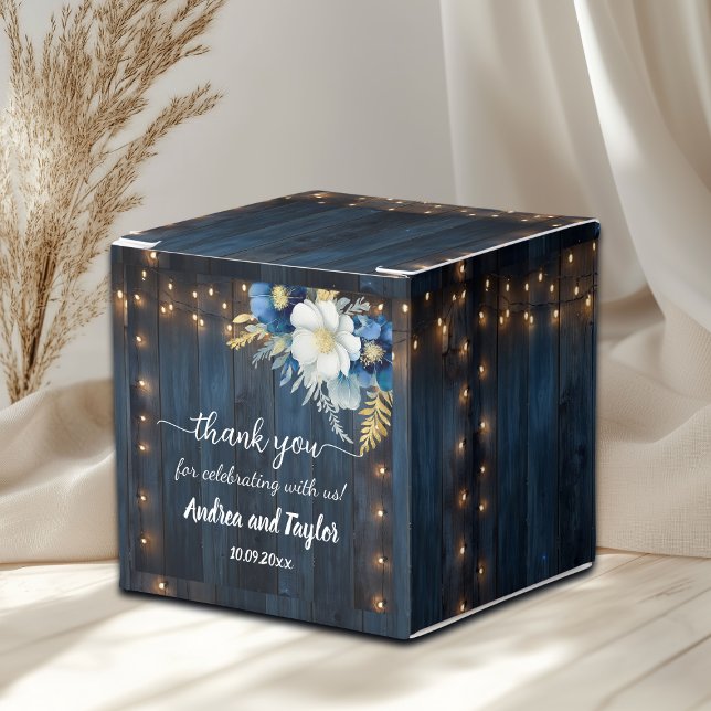 Thank You Rustic Blue Wood White Floral Wedding Favour Box (Creator Uploaded)