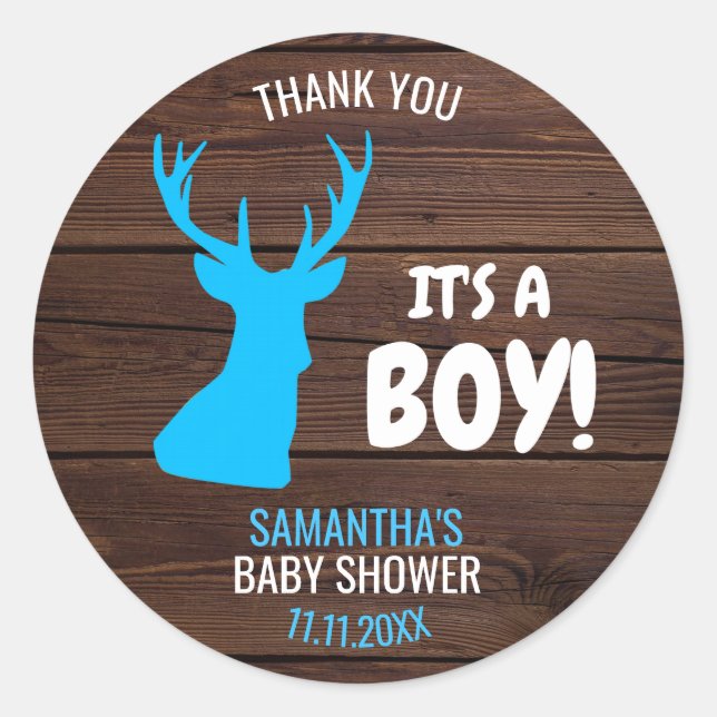 Thank You Rustic Buck Deer Boy Theme Baby Shower Classic Round Sticker (Front)