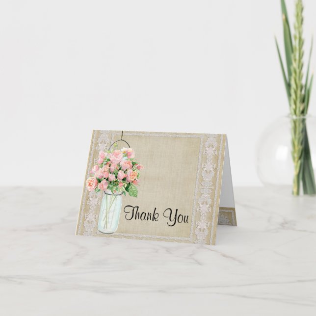 Thank You Rustic Country Mason Jar Blush Pink Rose Card (Front)
