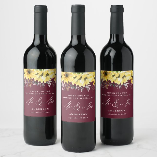 Thank you rustic country sunflower burgundy wine label (Bottles)