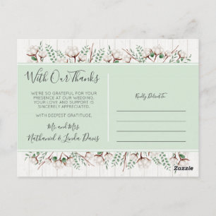 Thank You Rustic Southern Cotton & Wood Newlyweds Postcard