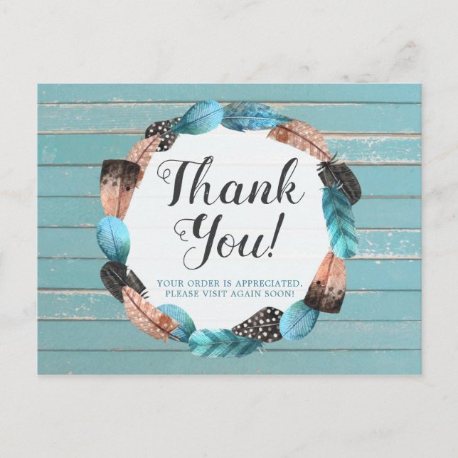 Thank You Rustic Turquoise Wood Feather Arrow Boho Postcard (Front)